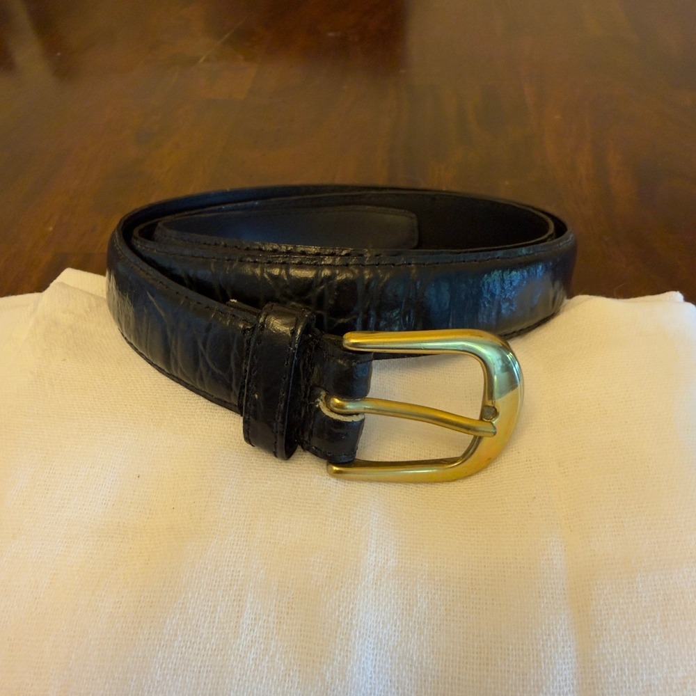 Adolfo Mens Black Genuine Leather Embossed Belt Gold Buckle Size 36